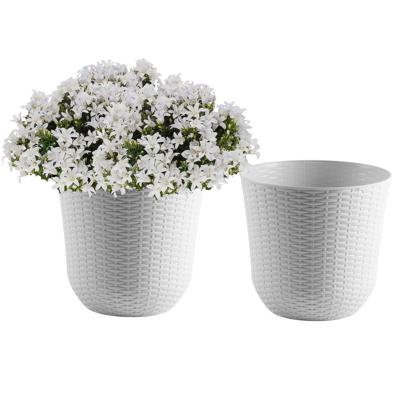 Bloempot/plantenpot - 2x - wit - kunststof - D32 cm - gevlochten mand look - binnen/buiten gebruik
