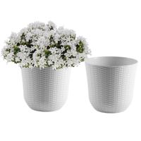 Bloempot/plantenpot - 2x - wit - kunststof - D32 cm - gevlochten mand look - binnen/buiten gebruik