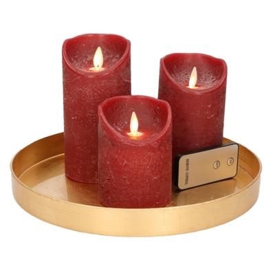Kaarsenplateau goud - kunststof - D27 cm - incl. 3 bordeaux rode LED-kaarsen - flame effect - afstan