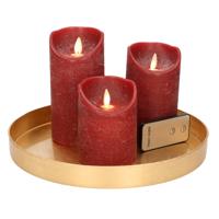 Kaarsenplateau goud - kunststof - D27 cm - incl. 3 bordeaux rode LED-kaarsen - flame effect - afstan