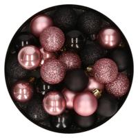 Kleine kerstballen - 28x st - zwart en oudroze - D3 cm - kunststof - kerstversiering - thumbnail