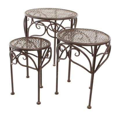 A SET OF 3 BROWN IRON FLOWER TABLES