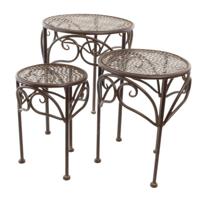A SET OF 3 BROWN IRON FLOWER TABLES