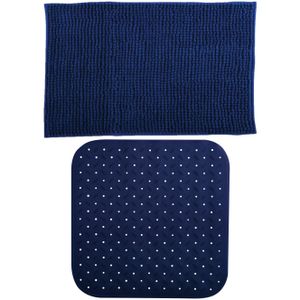 MSV Douche anti-slip mat en droogloop mat - Sevilla badkamer set - rubber/microvezel - donkerblauw