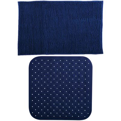 MSV Douche anti-slip mat en droogloop mat - Sevilla badkamer set - rubber/microvezel - donkerblauw