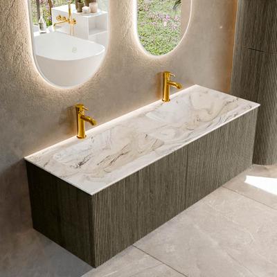 Badmeubel Mondiaz Kurve-Dlux | 130 cm cm | Meubelkleur Shadow | Wastafelkleur Glace | Solid surface | Wasbak beiden zijden spoelbak | 2 kraangaten