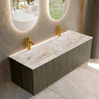 Badmeubel Mondiaz Kurve-Dlux | 130 cm cm | Meubelkleur Shadow | Wastafelkleur Glace | Solid surface | Wasbak beiden zijden spoelbak | 2 kraangaten