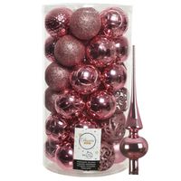 37x stuks kunststof kerstballen 6 cm incl. glanzende glazen piek lippenstift roze - Kerstbal - thumbnail