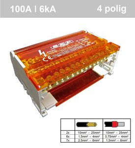 SEP 4 polig verdeelset 100A 4x15 aansluitingen 500VAC/DC