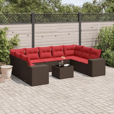 10-delige tuinbankset met kussens, bruin polyrotan