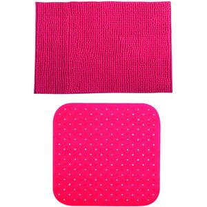 MSV Douche anti-slip mat en droogloop mat - Sevilla badkamer set - rubber/microvezel - fuchsia roze - Badmatjes