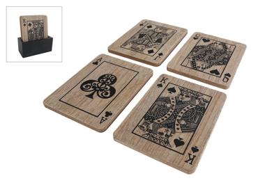 Onderzetter Card Game 4 in houder naturel/zwart hout 9x10,5 cm
