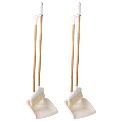 Stoffer en blik met lange steel - 2x - 92 cm - wit met bamboe steel