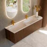 Badmeubel Mondiaz Kurve-Dlux | 165 cm | Meubelkleur Walnut | Wastafelkleur Meli | Solid surface | Dubbel / Links spoelbak | 2 kraangaten