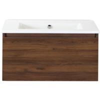 Frozen Badmeubelset 80 cm - Greeplijst in Kleur - Walnoot - Keramische Wastafel Wit Zonder Kraangat