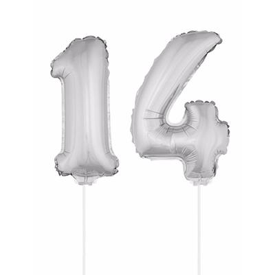 14 jaar leeftijd feestartikelen - versiering cijfers - zilver - ballonnen op stokje - van 41 cm