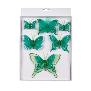 6x stuks decoratie vlinders op clip groen 5, 8 en 12 cm