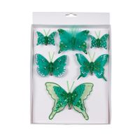 6x stuks decoratie vlinders op clip groen 5, 8 en 12 cm