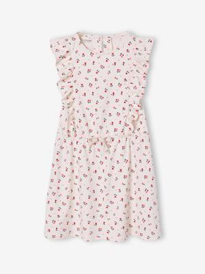 Meisjesjurk met ruches op de mouwen wit, bedrukt