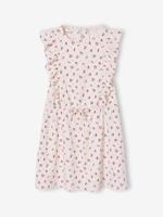 Meisjesjurk met ruches op de mouwen wit, bedrukt