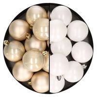 24x stuks kunststof kerstballen mix van champagne en wit 6 cm