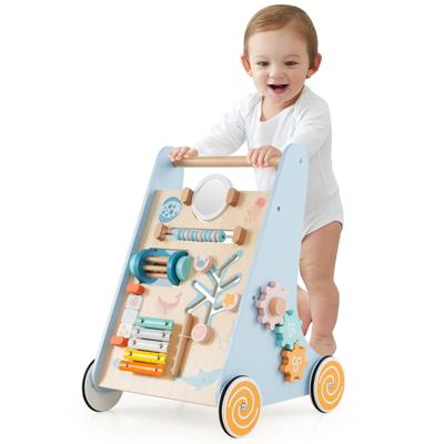 Houten Baby Rollator Duw en Trek Activiteitencentrum Montessori Speelgoed op Wielen Duw Speelgoed voor Peuters Loophulp Rollator Blauw