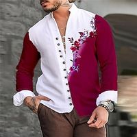 Bloemig Casual Voor heren Overhemd Alledaagse kleding Uitgaan Weekend Lente zomer Opstaande boord Lange mouw Bordeaux, blauw, Oranje S, M, L Wasbare katoenen stof Overhemd Lightinthebox