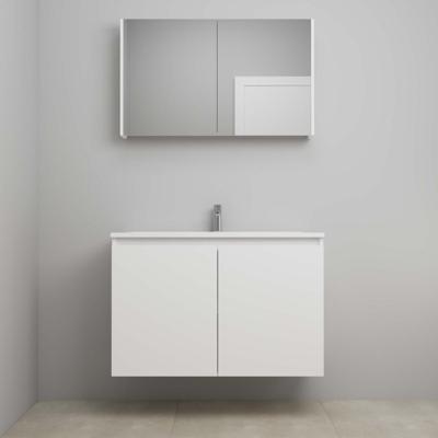 On-Line Badkamermeubelset - 100 cm - Voorgemonteerd - Greeploos 2 Deuren - Acryl Wastafel - 1 Kraangat - Spiegelkast - Mat Wit