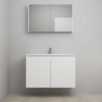 On-Line Badkamermeubelset - 100 cm - Voorgemonteerd - Greeploos 2 Deuren - Acryl Wastafel - 1 Kraangat - Spiegelkast - Mat Wit