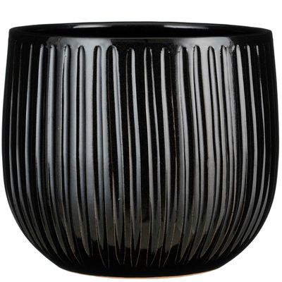 Plantenpot/bloempot keramiek zwart ribbels glans patroon - D29/H25 cm