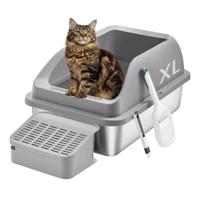 Roestvrijstalen Kattenbak met Hoge Randen en Accessoires, leigrijs