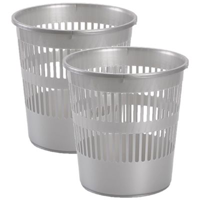 2x stuks afvalbakken/vuilnisbakken/kantoorprullenbakken plastic zilver/grijs 28 cm