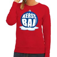 Foute kersttrui kerstbal blauw op rode sweater voor dames - thumbnail