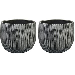 Bloempot/plantenpot - 2x - binnen - zwart/metaal look - D19 en H14 cm - cement