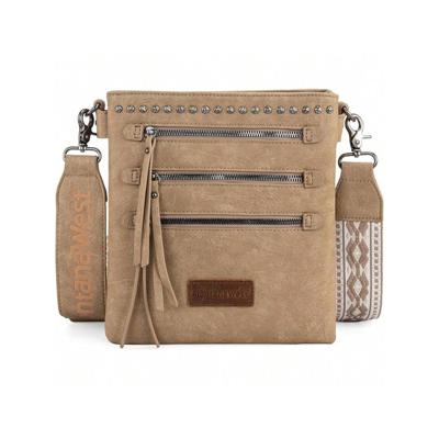 Bon&Bon West Cow Print Crossbody Bag with Guitar Strap - Multi Pocket Khaki