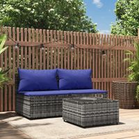 3-delige Loungeset met kussens poly rattan grijs - thumbnail