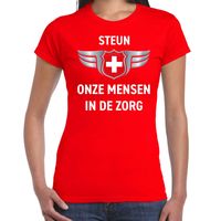 Steun onze mensen in de zorg zilveren schild t-shirt rood dames