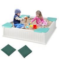Houten Zandbak voor Kinderen met Oxford-dekking & Bodemvoering & 4 Hoeksitplaatsen Wit