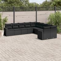 10-delige Loungeset met kussens poly rattan zwart