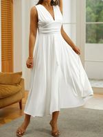 V Neck Loose Plain Elegant Dress - thumbnail