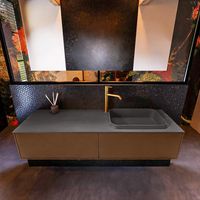 Badkamermeubelset Mondiaz Erin 150 cm met 2 Lades met RIDGE Wastafel Rechts Dark grey met 1 kraangat Greeploos Mat Rust