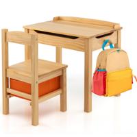 Kindertafel en Stoelenset Opklapbaar Bureau met Stoel Massief Houten Activiteitentafelset met Veiligheidsscharnier Uittrekbare Lade Natuur