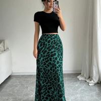 Bon&Bon Leopard Print Maxi Skirt - Coffee Brown Elegant Straight Skirt Green / S