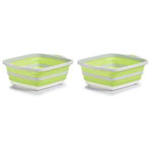 2x Wit/groene opvouwbare afwasteil/afwasbakken met snijplank 40 x 32 cm 11 liter