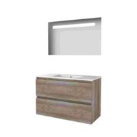 Basic-Line Economic 46 Badkamermeubelset - 100 x 46 cm - Greeploos - 2 Lades - Keramische Wastafel - 1 Kraangat - Spiegel met LED Verlichting - Scotch Oak