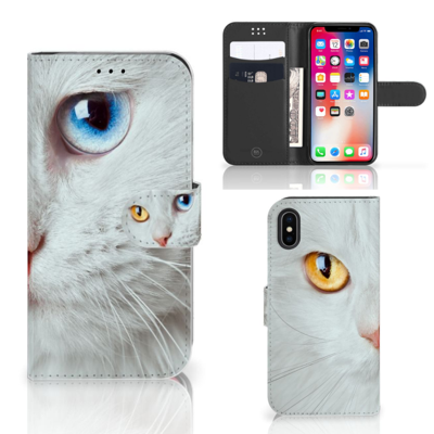 Apple iPhone X | Xs | Telefoonhoesje | Met pasjeshouder | Witte Kat