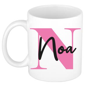 Naam mok Noa - roze - wit - keramiek - 300 ml - verjaardag/cadeau beker