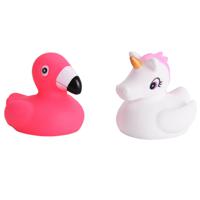 Badeendjes set - eenhoorn en flamingos - rubber - 10 stuks - wit en roze - 5 cm - bad speelgoed