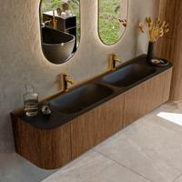 Mondiaz KURVE 190 cm Onderkast Greeploos 2 Lades Met Deuren Walnut, Wastafel Solid Surface Dubbel Urban 2 Kraangaten Zonder Spiegel (KRVBGS190L+R2L2D2KD-Wal/Urb)