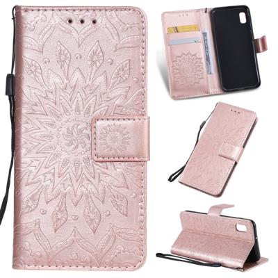 Gedrukt afdrukken zonnebloem patroon horizontale Flip PU lederen case voor Galaxy A10e met houder & kaartsleuven & portemonnee & Lanyard (Rose goud)